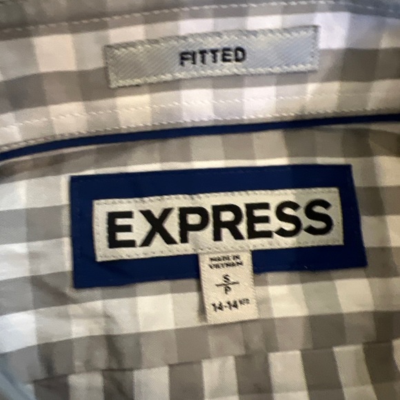EXPRESS Shirt Mens Small Fitted Button Up Plaid Long Sleeve Fitted Gray White - Picture 2 of 3